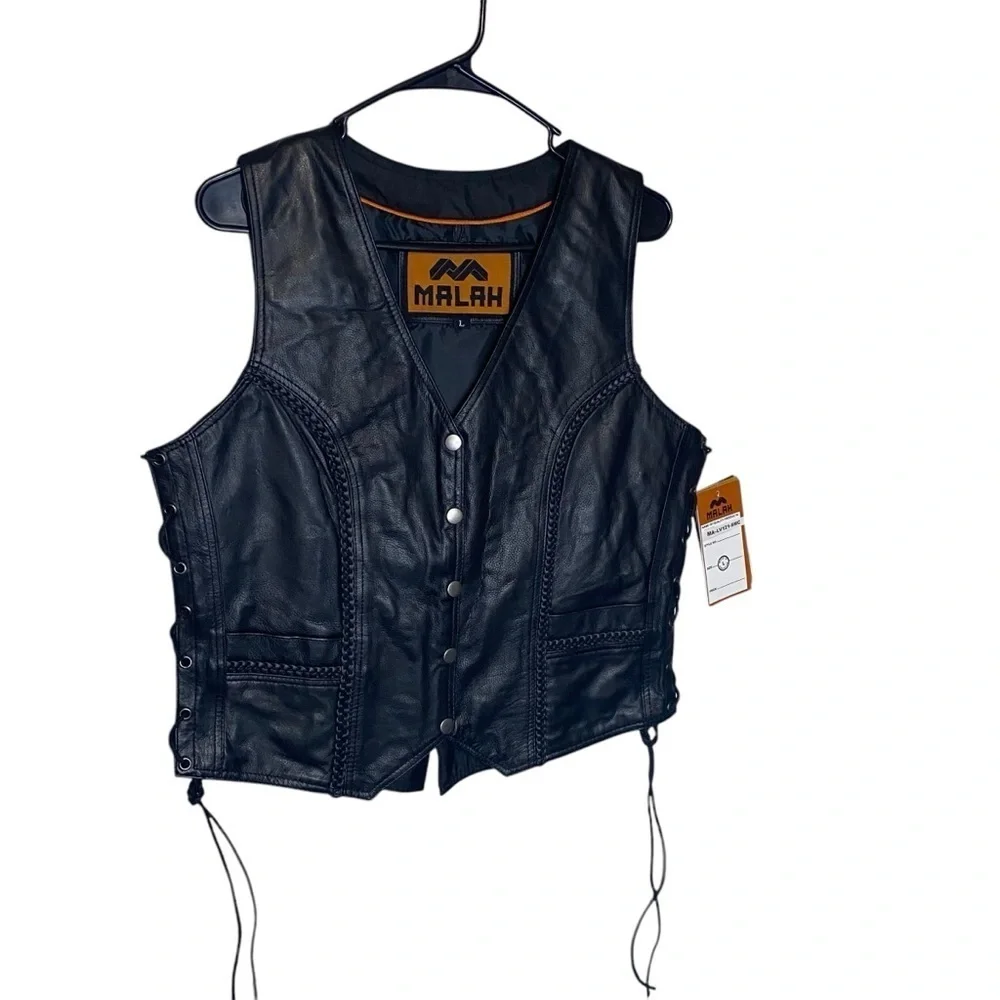 Malah Womens Black Leather Motorcycle Gun Vest‎ Braided Front/Back Side Laces Lg
